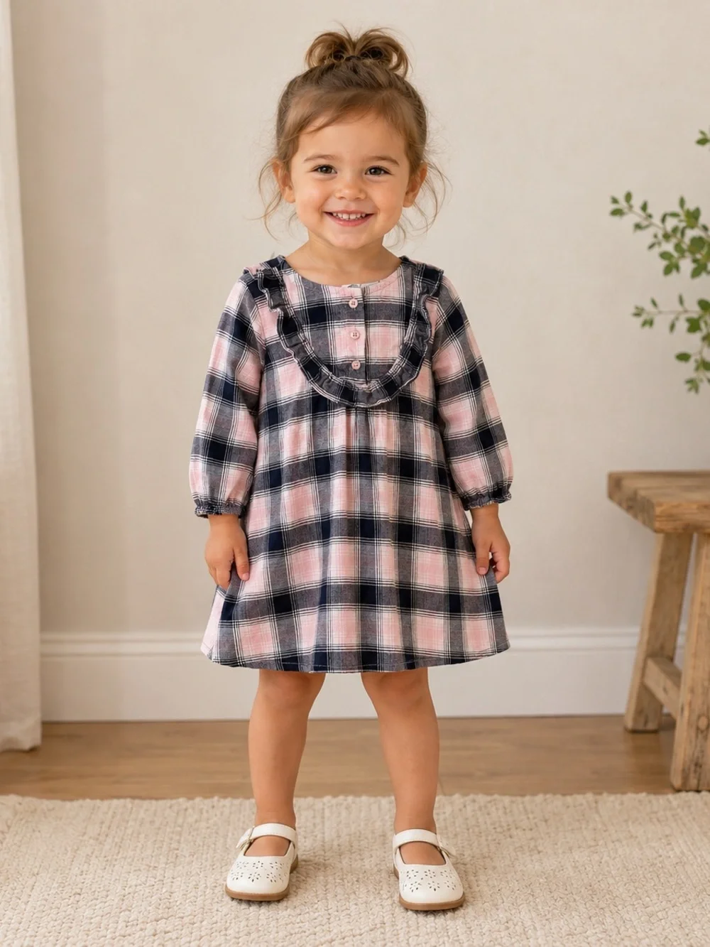 GAP Pink and Navy Plaid Ruffle-Yoke Dress